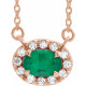 Lab Grown Emerald Gem set in 14 Karat Rose Gold 7x5 mm Oval Cut and 0.16 Carat Diamond 16 inch Necklace