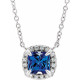 Created Sapphire Necklace in 14 Karat White Gold 4 mm Square Lab Sapphire and .05 Carat Diamond 16 inch Necklace