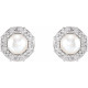 Platinum Cultured White Akoya Pearl and .07 Carat Natural Diamond Halo Style Earrings