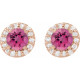 Pink Tourmaline Halo Earrings in 14 Karat Rose Gold Pink Tourmaline & 1/6 Carat Diamond Earrings