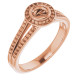 Bezel Set Halo Style Engagement Ring Mounting in 18 Karat Rose Gold for Round Stone, 5.12 grams