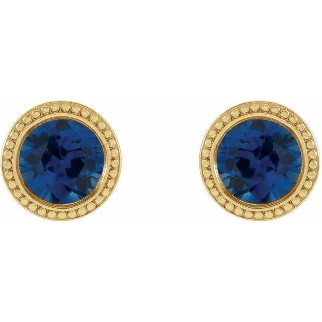 14 Karat Yellow Gold 3 mm Natural Blue Sapphire Beaded Bezel Set Earrings