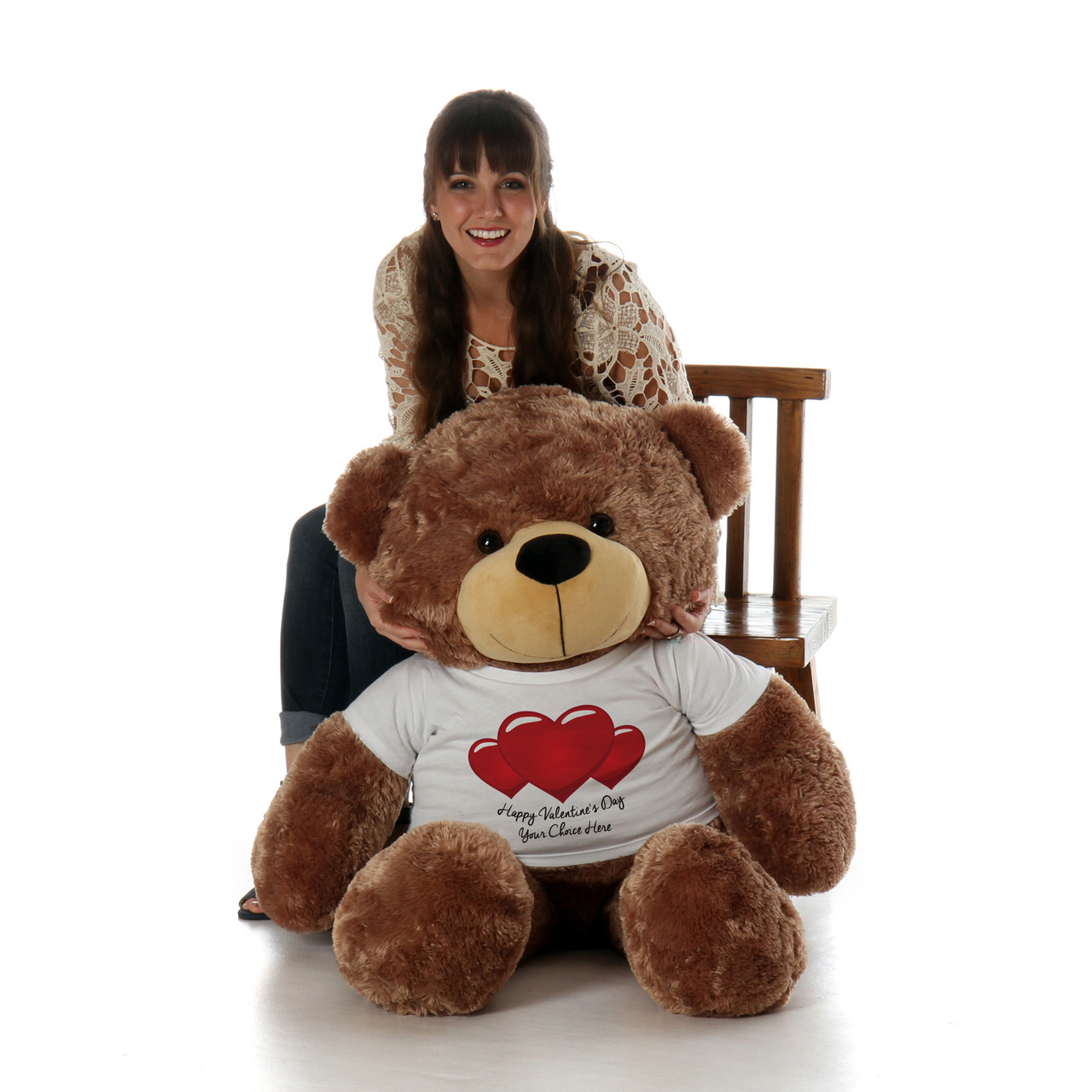A woman with brown teddy bear having happy valentines day tshirt