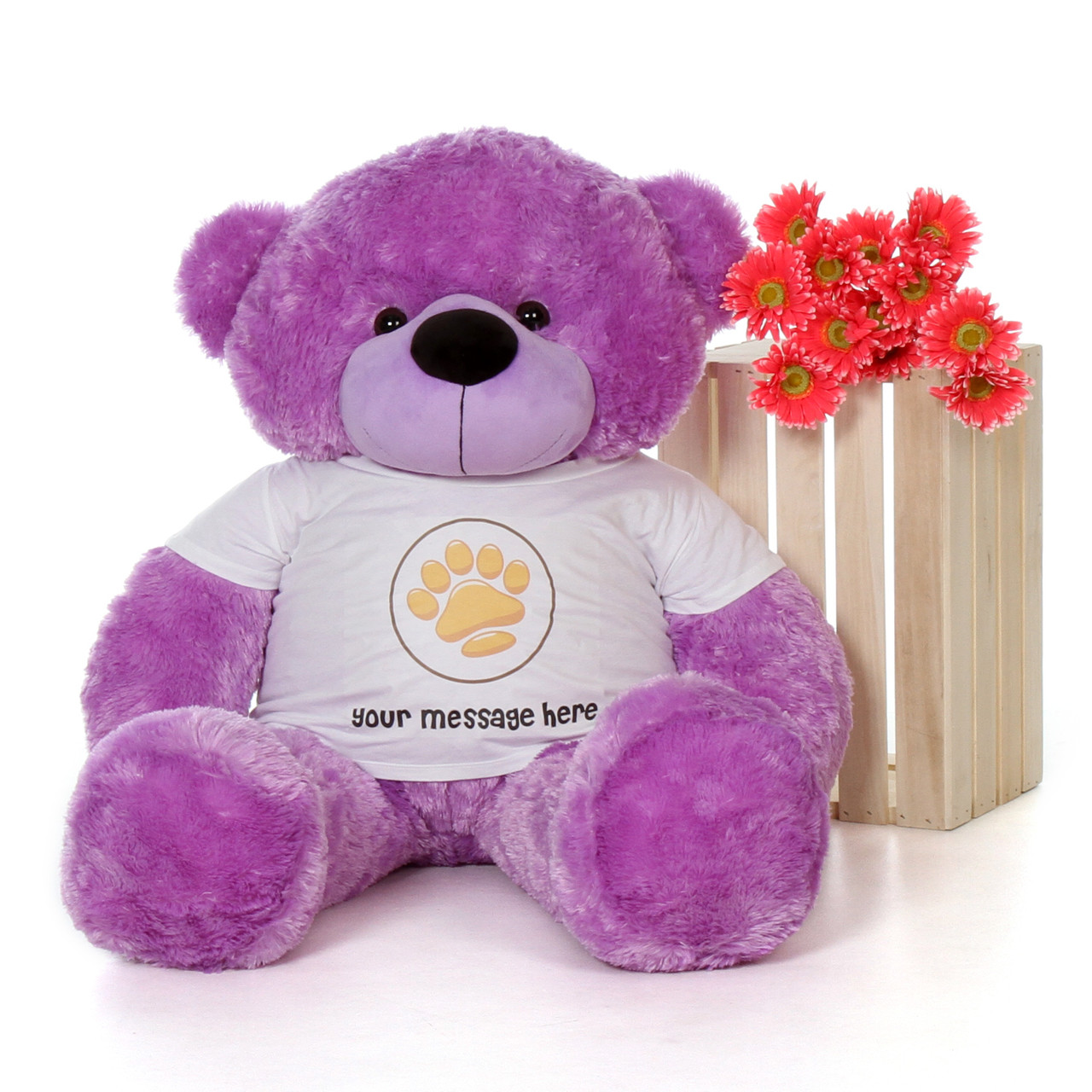 48in DeeDee Cuddles Purple Giant Teddy Bear in Valentine's Day Paw Stamp T-Shirt