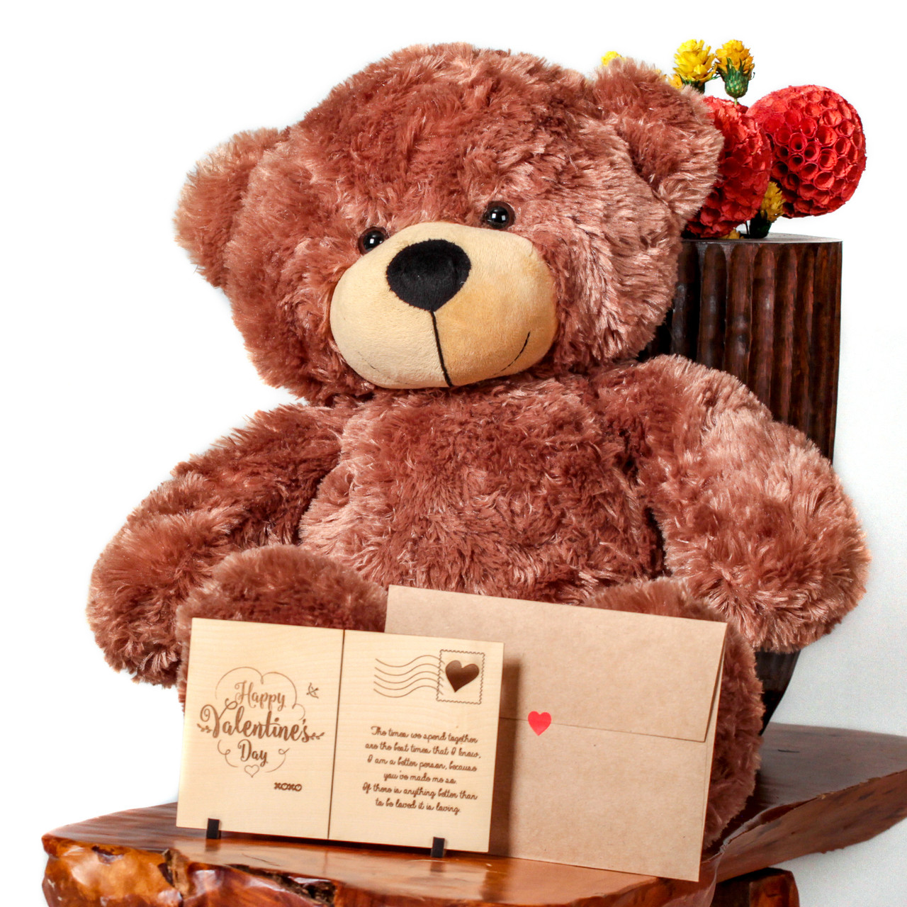 Super Soft Cute Brown Teddy Bear with Laser Engraved Wooden Card Message (2 Foot)
