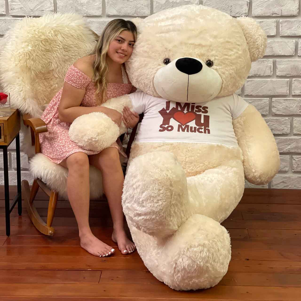 6ft Giant Teddy Cream Cozy Cuddles in  I Miss You T-Shirt