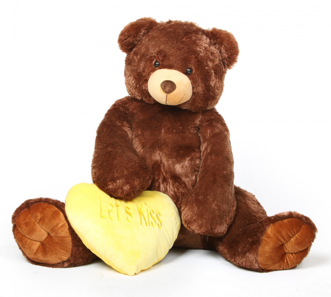 Smooches Heart Tubs dark caramel jumbo teddy bear with yellow Lets Kiss heart 52in