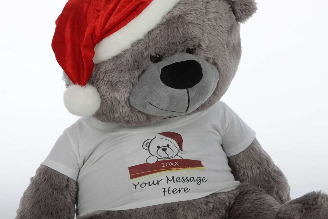 Silvery-grey Personalized Christmas Teddy Bear in red Santa hat, 35in Diamond Shags