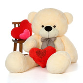 6ft Cozy Cuddles Vanilla Giant Teddy w Happy Valentine's Day I Love You Heart