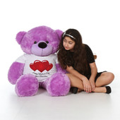 48in DeeDee Cuddles Purple Giant Teddy Bear in Red Heart Happy Valentine's Day T-Shirt (Choose your message)