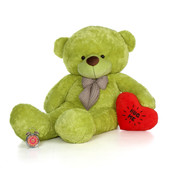 72in Giant Teddy Bear Lime Green fur with a Hug Me Heart pillow for Valentine's Day