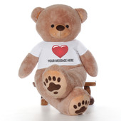 Huge Adorable Tan Teddy Bear Gift wearing personalized T-shirt from Giantteddy Brand