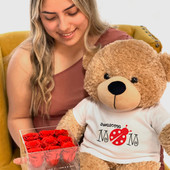 24in Vanilla Cream Teddy Bear with  Mothers Day Tshirt and Preserved Rose Bouquet