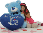 Marty Shags with a huge “I Love You This Much!” royal blue plush heart – 48in (Close Up)