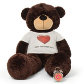 Life size extra huggable Personalized Dark Brown Teddy Bear Brownie Cuddles in Red Heart Shirt 60in