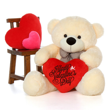 48'' Giant Teddy Bear in Soft Vanilla Fur w Happy Valentine's Day Red  Heart Pillow