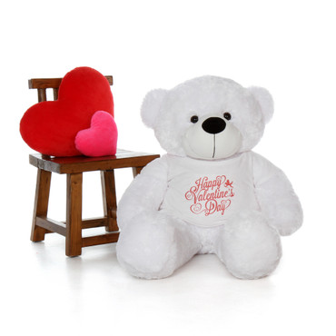 4ft Coco Cuddles White Giant Teddy Bear in a Happy Valentine's Day Shirt
