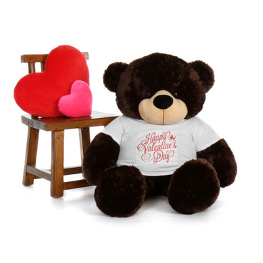 4ft Brownie Cuddles Chocolate Brown Teddy Bear in Happy Valentine's Day T-Shirt