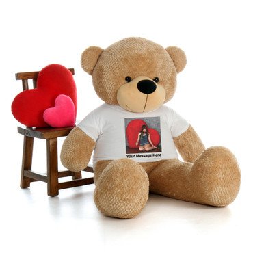 5 Foot Super Soft Amber Brown Teddy Bear with your own uploaded photo on a t-shirt