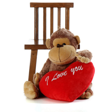 36in Life Size Silly Sammy Monkey  with red ‘I love you’ plush heart pillow