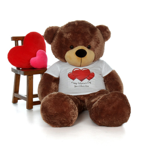 5ft Sunny Cuddles Mocha Brown Giant Teddy in Happy Valentine's Day Red Heart Shirt