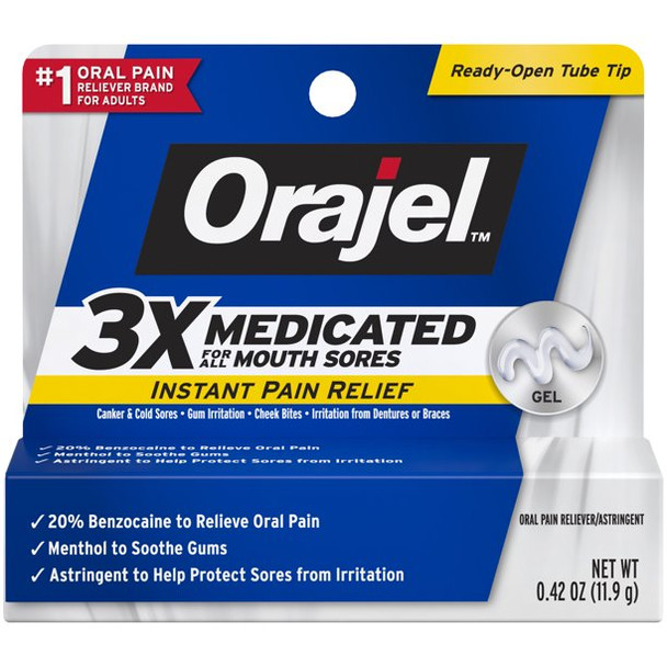 ORAJEL 3X MEDICATED FOR ALL MOUTH SORES GEL 72/0.18 OZ