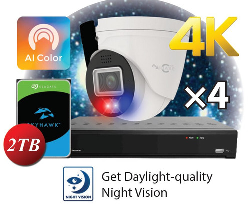 4CH 4K Black Light Active Deterrence AI Full Color POE IP Turret Camera Kit