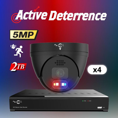 4CH 5MP Active Deterrence AI Full Color PoE IP Camera Kit, Black