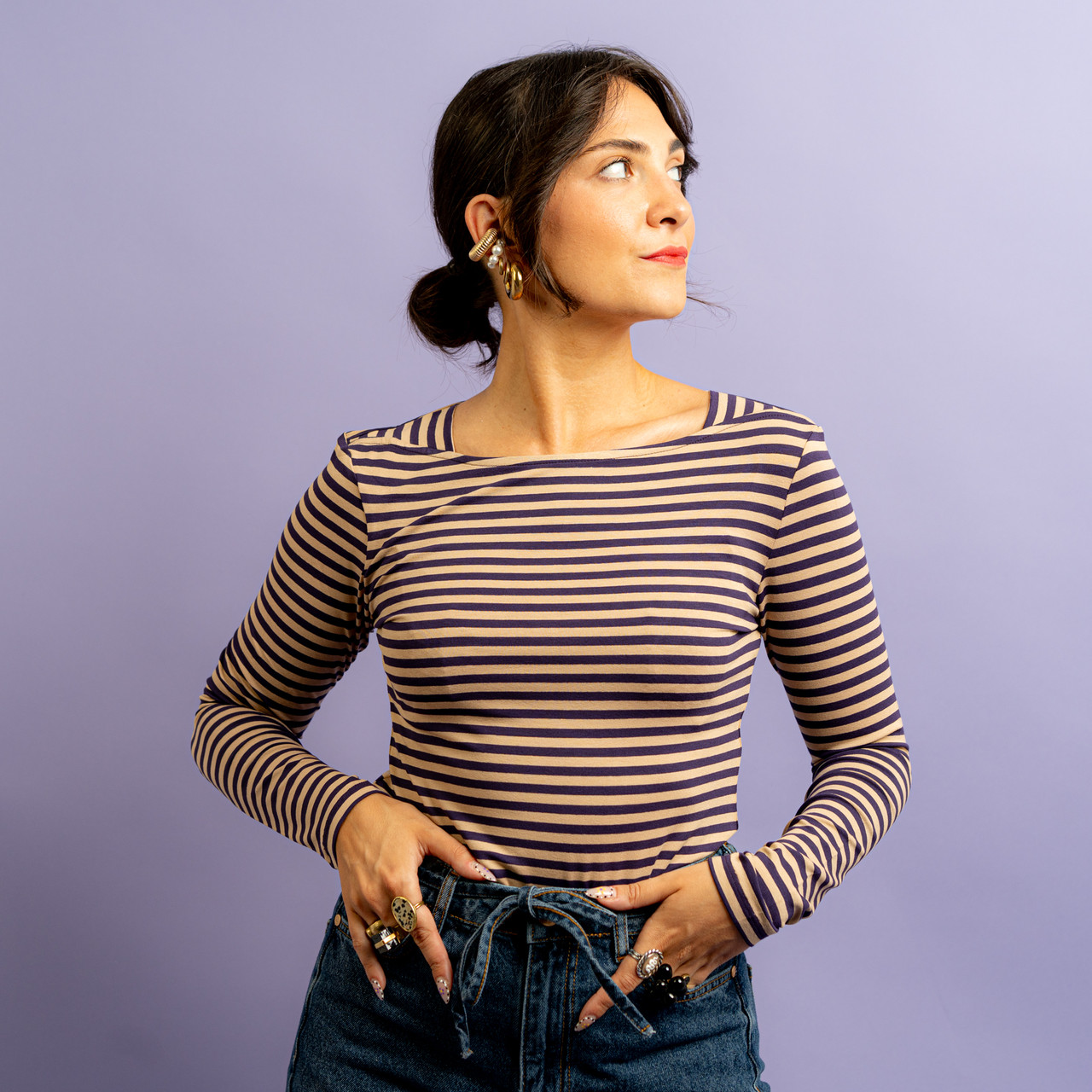Maglia slim a righe beige e viola -  - Le Conturbanti Concept Store