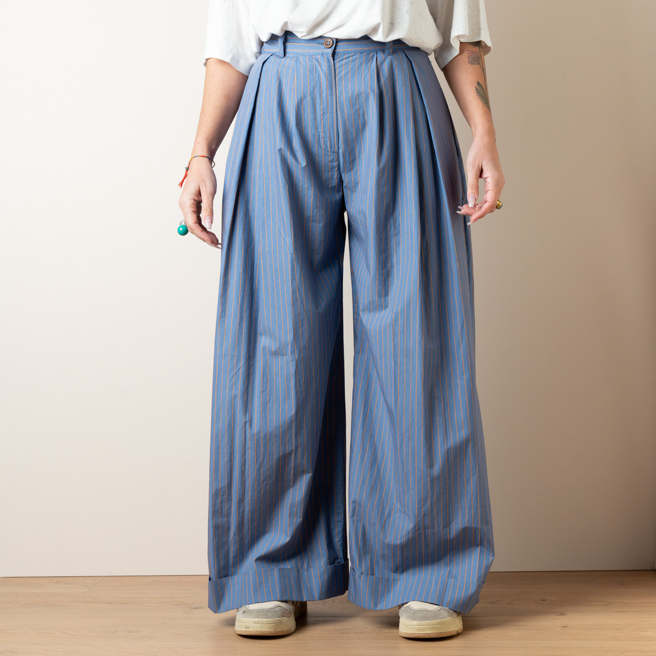 Pantaloni a palazzo azzurri a righe cammello -  - Le Conturbanti Concept Store