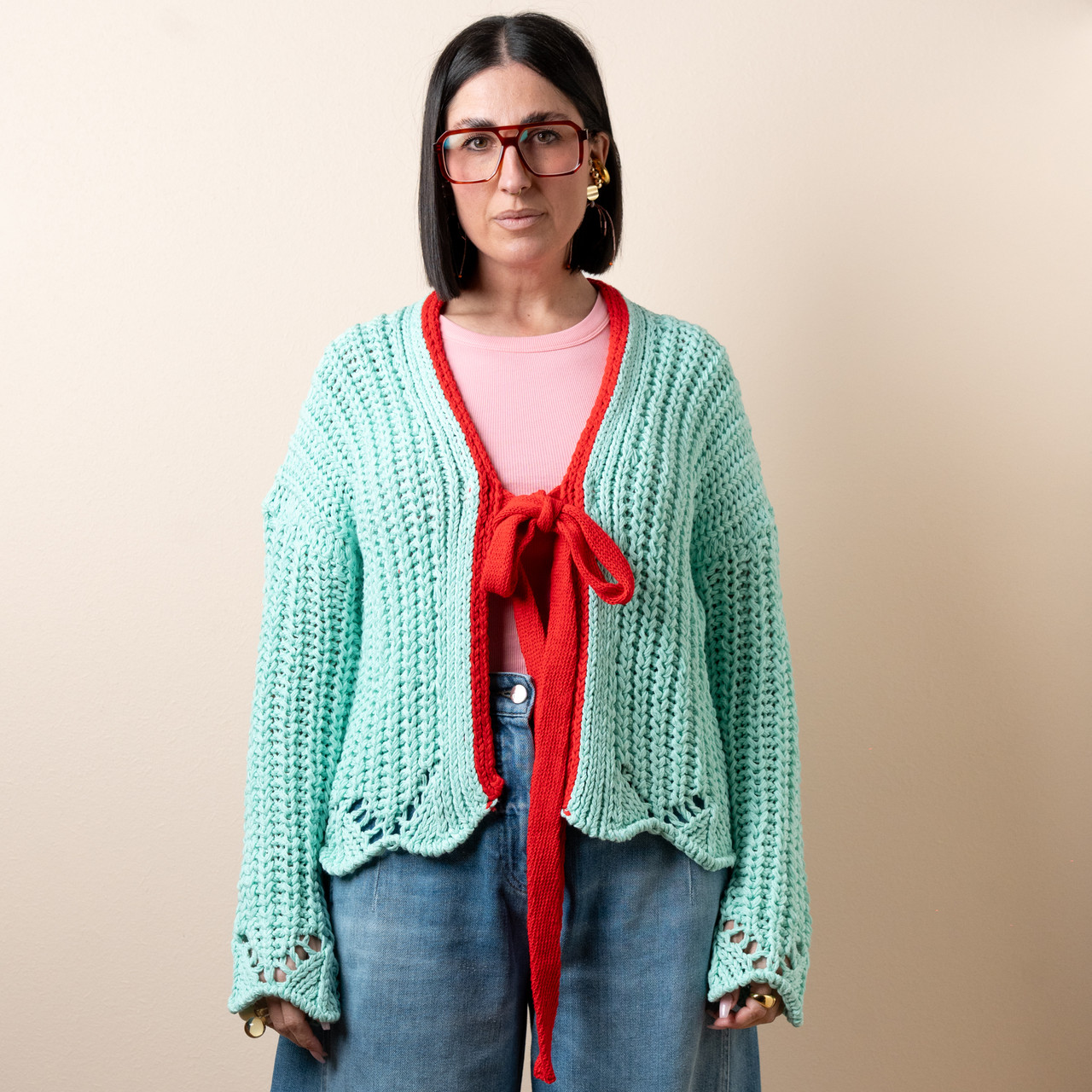 Cardigan fiocco verde acqua e rosso -  - Le Conturbanti Concept Store