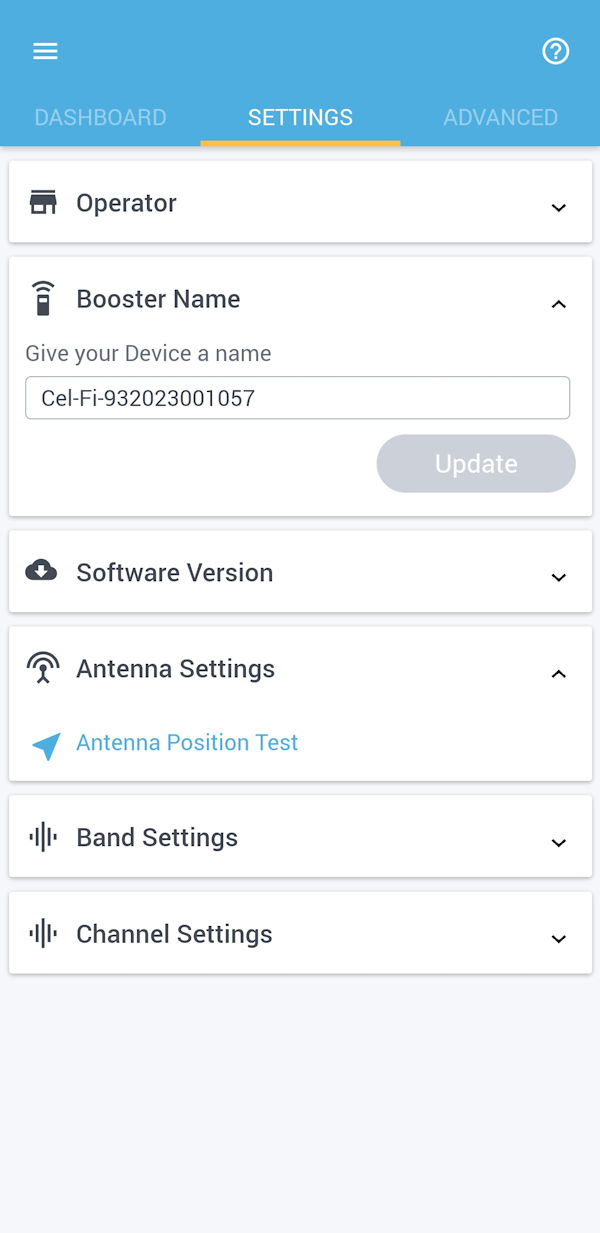 Nextivity WAVE smartphone app Settings tab