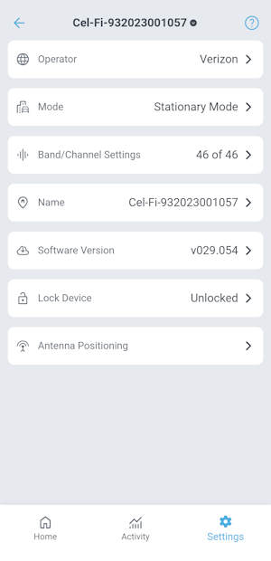 Nextivity CEL-FI WAVE smartphone app v.2 Settings menu