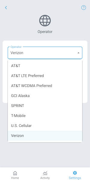 Nextivity CEL-FI WAVE smartphone app v.2 Operator menu with dropdown