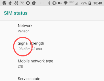 Signal strength reading on a Motorola Moto Z2 Play with Android 8