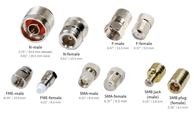 Click to enlarge N-male N-female F-male F-female FME-male FME-female SMA-male SMA-female SMB jack SMB plug SMB-male SMB-female connectors