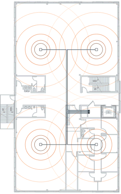 Office floor with a cell signal booster system and 4 dome antennas