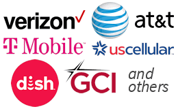 Carrier logos for Verizon, AT&T, T-Mobile, UScellular, DISH Wireless, GCI Alaska