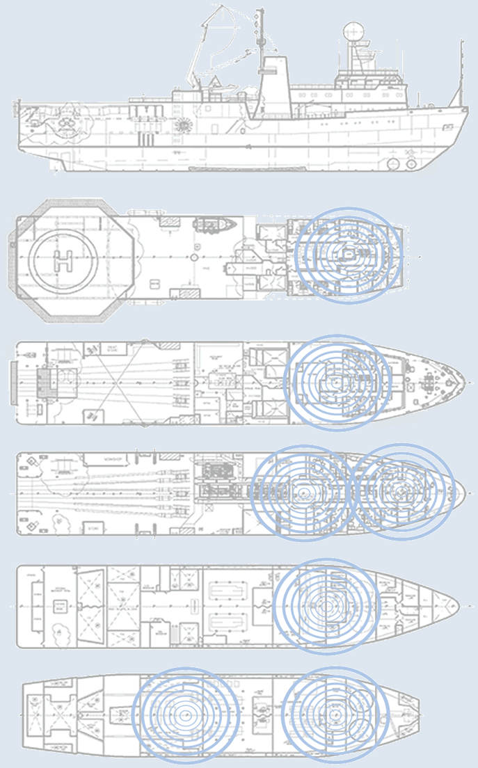 Ship deck plans with cellular booster coverage areas