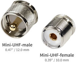 Mini-UHF-male and mini-UHF-female connectors with size in diameter