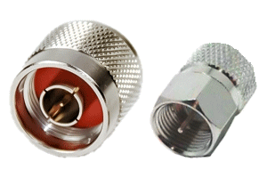 N-male connector for 50-ohm devices and F-male connector for 75-ohm devices