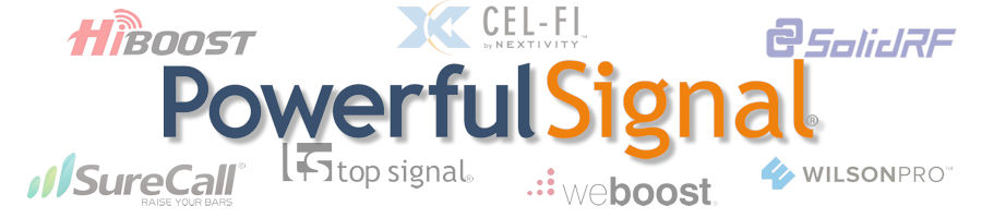 Powerful Signal logo with HiBoost, Cel-Fi, SolidRF, SureCall, Top Signal, weBoost, WilsonPro logos