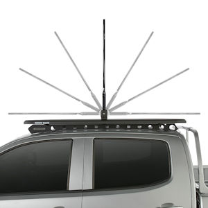 RFI 26-Inch Whip Antenna mounted to a Rhino-Rack folding aerial antenna bracket