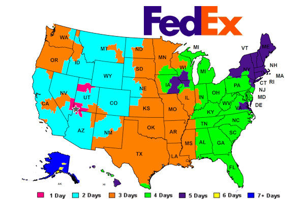 Map with FedEx Ground time-in-transit for Powerful Signal shipments