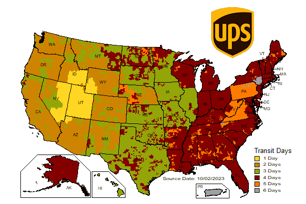 Map with UPS Ground time-in-transit for Powerful Signal shipments