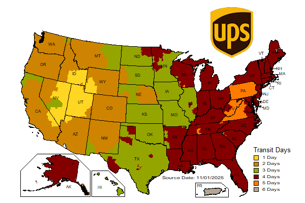 Map with UPS Ground time-in-transit for Powerful Signal shipments