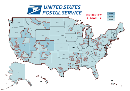 Map with USPS First-Class Parcel Service time-in-transit for Powerful Signal shipments