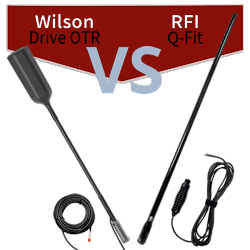 What are the differences between the Wilson Drive OTR antenna and RFI Q-Fit whip antenna?