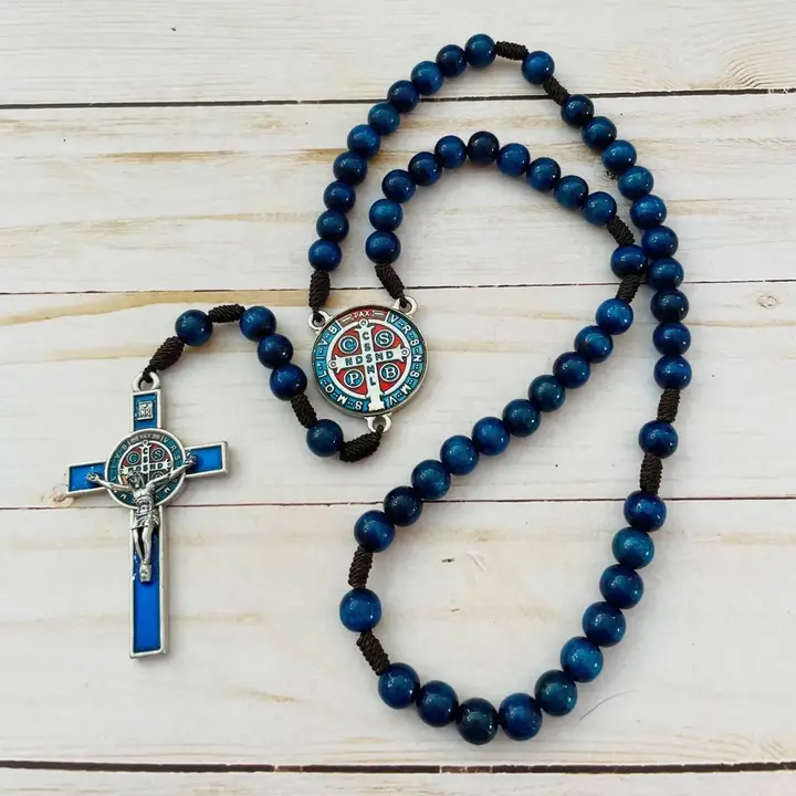 Wooden Bead Rosary With Saint Benedict Medal - Handcrafted Prayer Beads With Gift Pouch