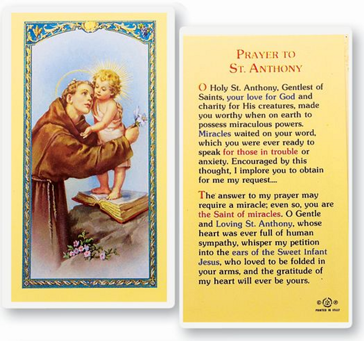 Prayer to Saint Anthony Laminated Holy Card